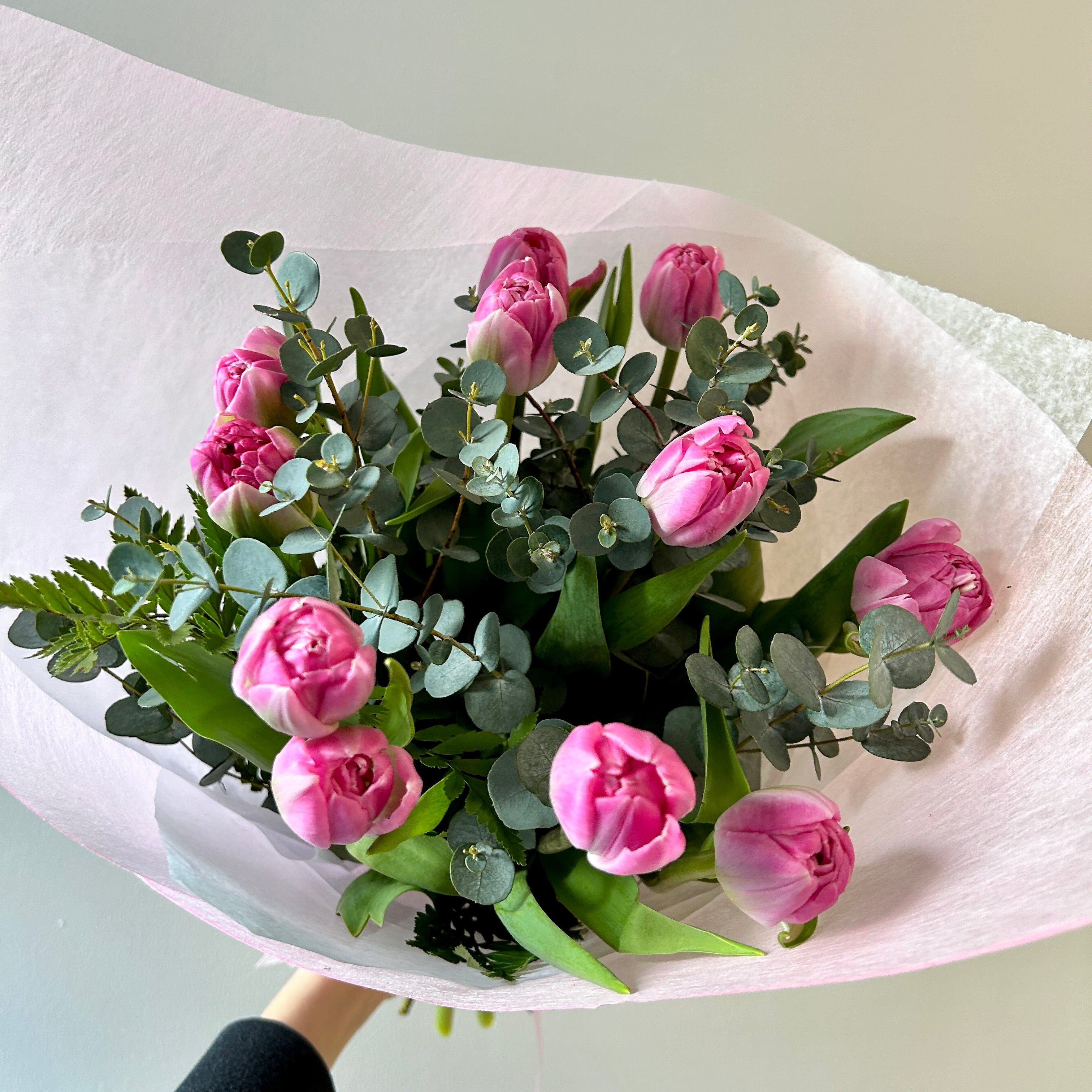 Pink tulips and eucalyptus