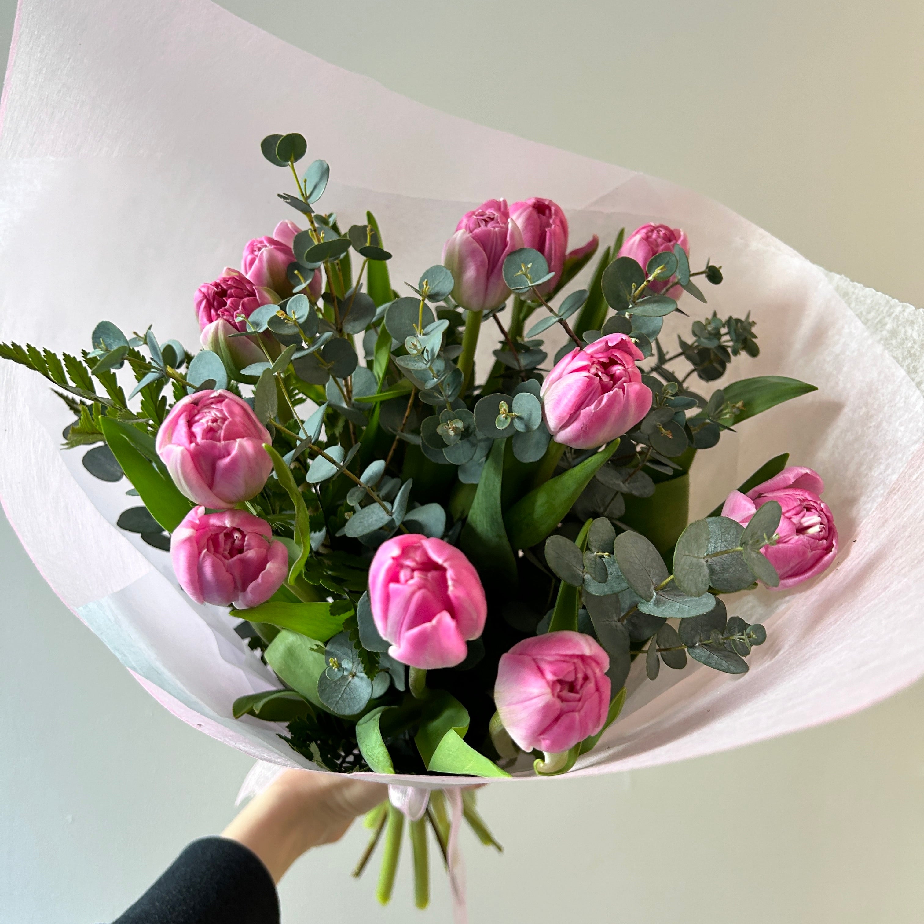 Pink tulips and eucalyptus